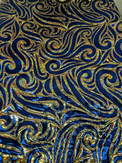 Rolex Luxury swirl design hologram metallic nylon spandex 4-way stretch Midnight Blue/Gold 58/60” Sold by the YD. Ships Worldwide from L.A