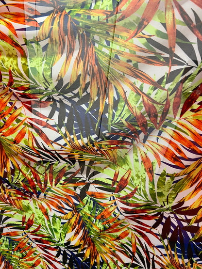 New Hawaiian leaves design with neon colors print on great quality of nylon power mesh 4-way stretch 58/60”