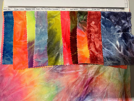 Tie dye  Luxury velvet great quality of crushed velvet 4-way stretch 58/60” Sold by the YD. Ships Worldwide from Los Angeles California USA.
