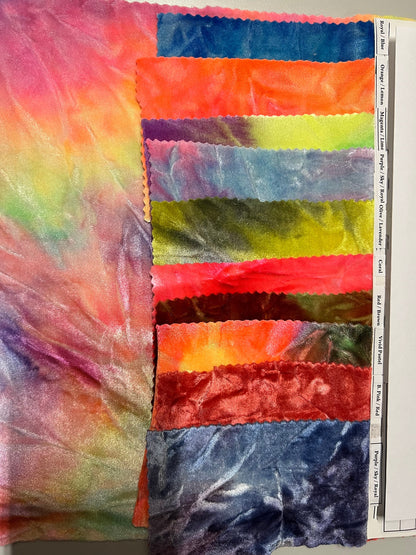 Tie dye  Luxury velvet great quality of crushed velvet 4-way stretch 58/60” Sold by the YD. Ships Worldwide from Los Angeles California USA.