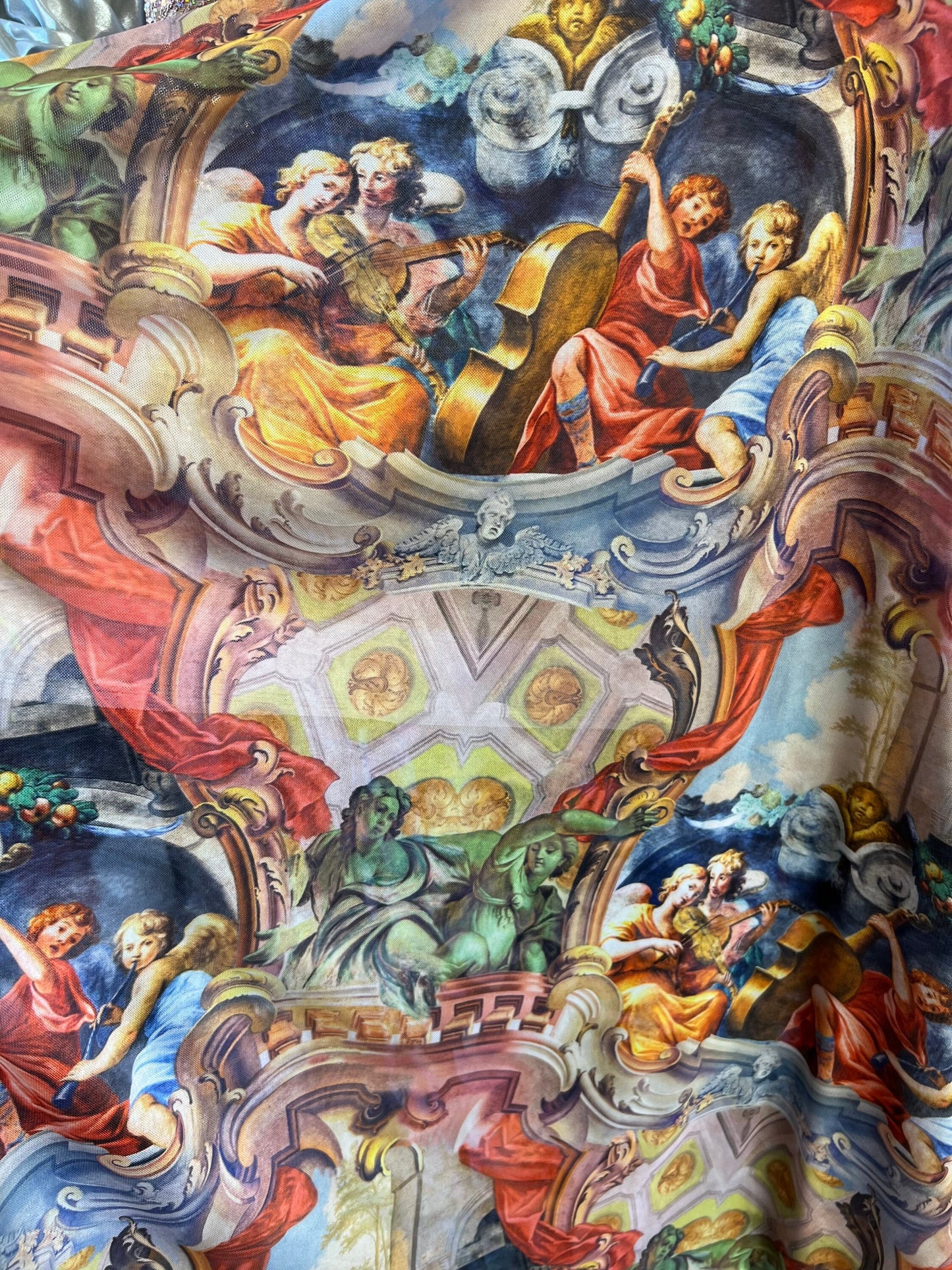 Celestial Angels design print on great quality of power mesh 4-way stretch 58/60” Sold by the YD. Ships Worldwide from Los Angeles CA