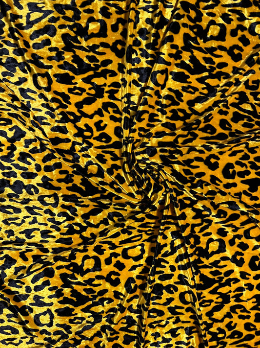 New Exotic Leopard design yellow/black print on great quality of stretch velvet 4-way stretch 58/60” Sold by the YD. Ships Worldwide