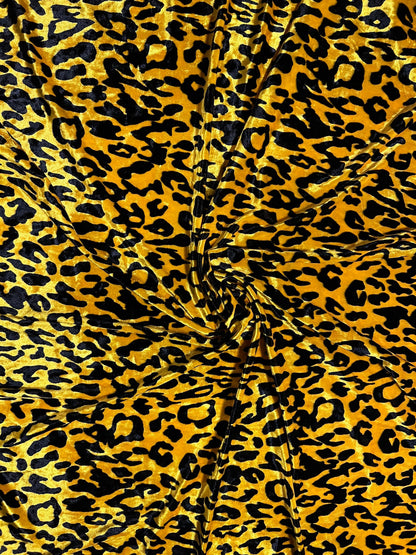 New Exotic Leopard design yellow/black print on great quality of stretch velvet 4-way stretch 58/60” Sold by the YD. Ships Worldwide