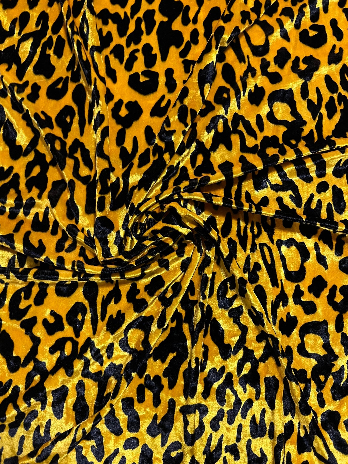 New Exotic Leopard design yellow/black print on great quality of stretch velvet 4-way stretch 58/60” Sold by the YD. Ships Worldwide