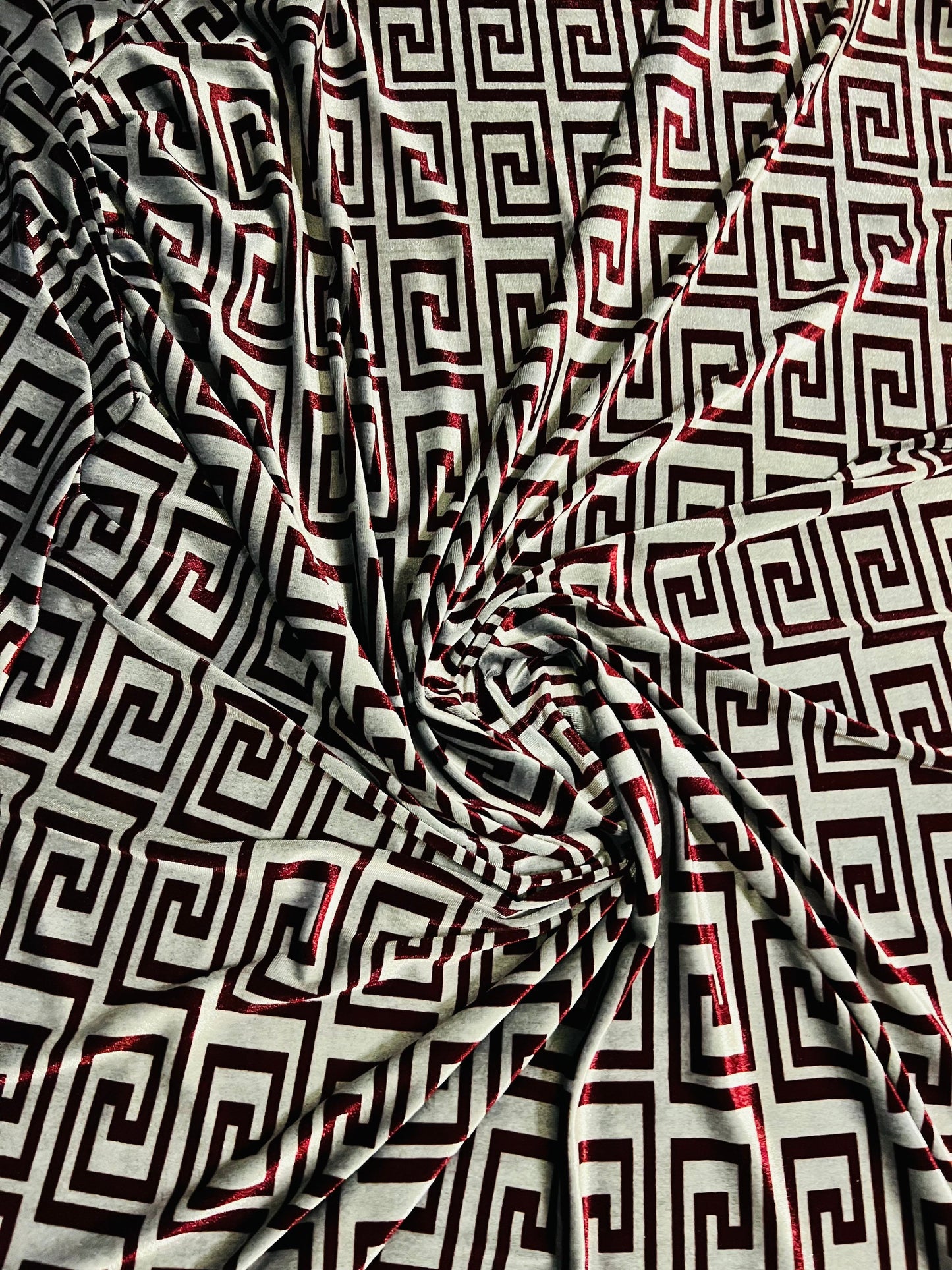 New modern Fashion brand design Silver Merlot print on great quality of stretch velvet 4-way stretch 58/60” Sold by the YD.