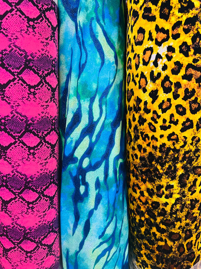 Exotic multi animal print designs print on great quality of nylon spandex 4-way stretch 58/69” Sold by the YD. Ships Worldwide from L.A CA