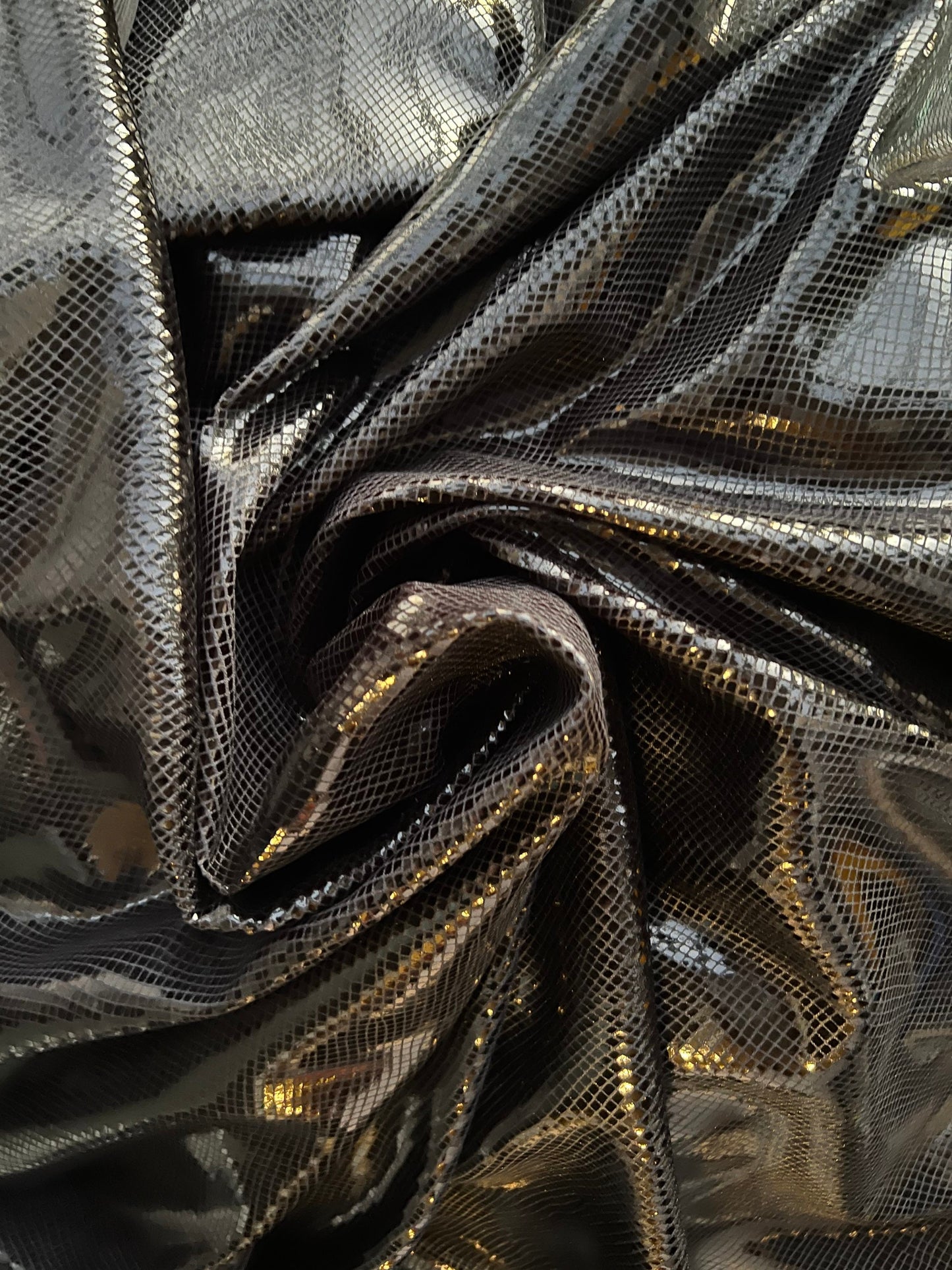 Dragón scales design super shiny stretch velvet with foil 4-way stretch 58/60” Sold by the YD. Ships Worldwide from Los Angeles California