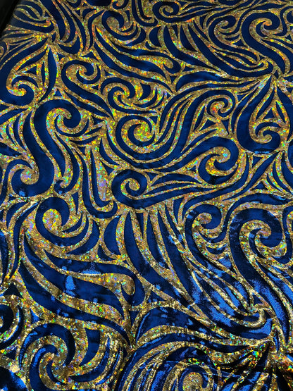 Rolex Luxury swirl design hologram metallic nylon spandex 4-way stretch Midnight Blue/Gold 58/60” Sold by the YD. Ships Worldwide from L.A