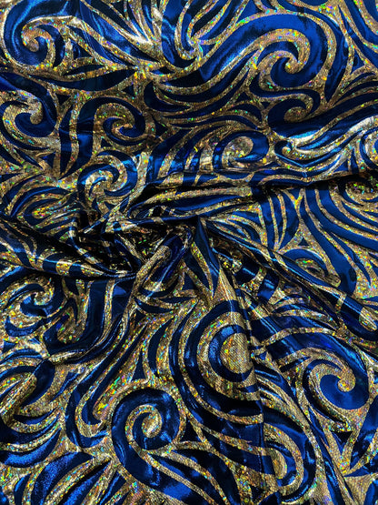 Rolex Luxury swirl design hologram metallic nylon spandex 4-way stretch Midnight Blue/Gold 58/60” Sold by the YD. Ships Worldwide from L.A
