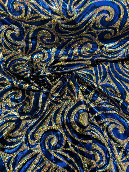 Rolex Luxury swirl design hologram metallic nylon spandex 4-way stretch Midnight Blue/Gold 58/60” Sold by the YD. Ships Worldwide from L.A