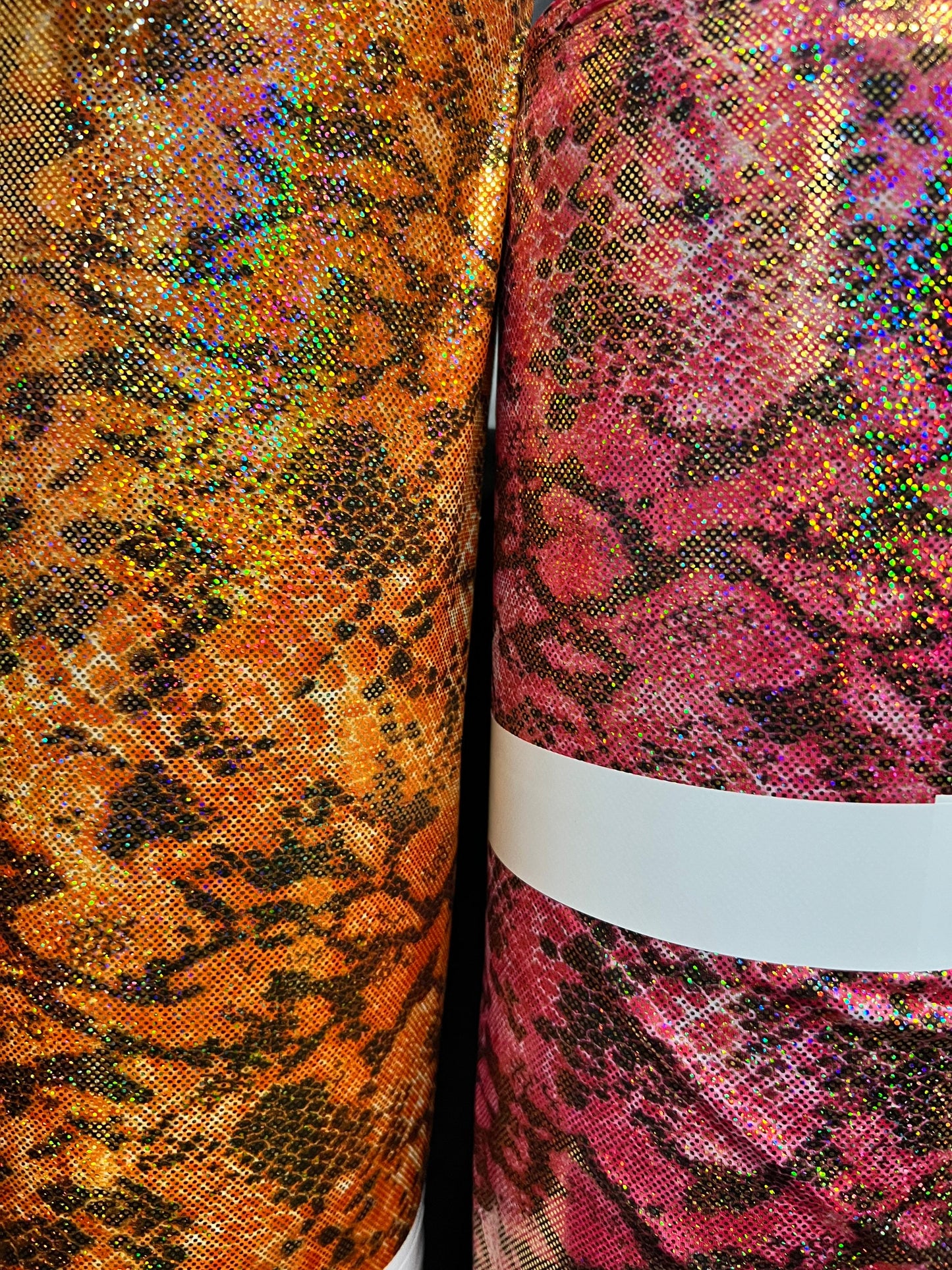 Exotic cobra design hologram metallic nylon spandex 4-way stretch 58/60” Sold by the YD. Ships Worldwide from Los Angeles California USA