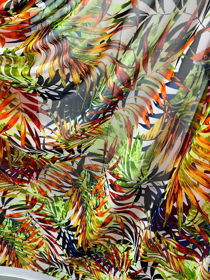 New Hawaiian leaves design with neon colors print on great quality of nylon power mesh 4-way stretch 58/60”