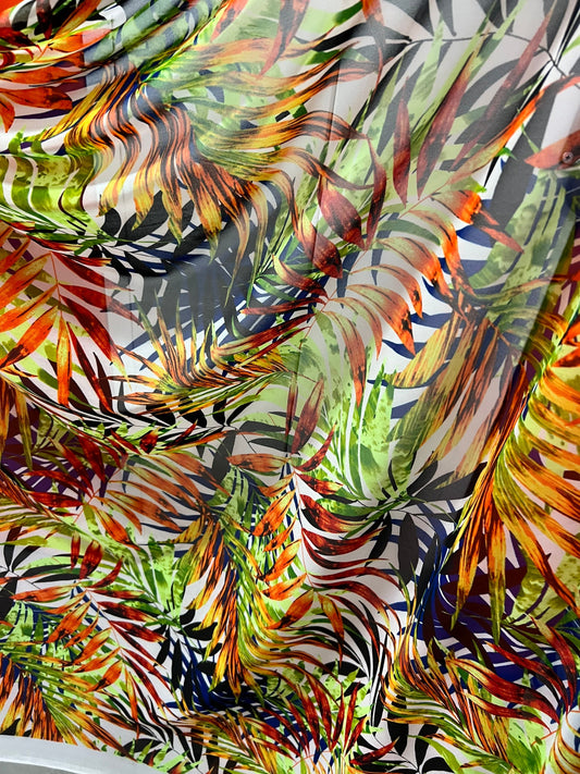 New Hawaiian leaves design with neon colors print on great quality of nylon power mesh 4-way stretch 58/60”