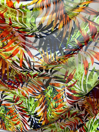 New Hawaiian leaves design with neon colors print on great quality of nylon power mesh 4-way stretch 58/60”