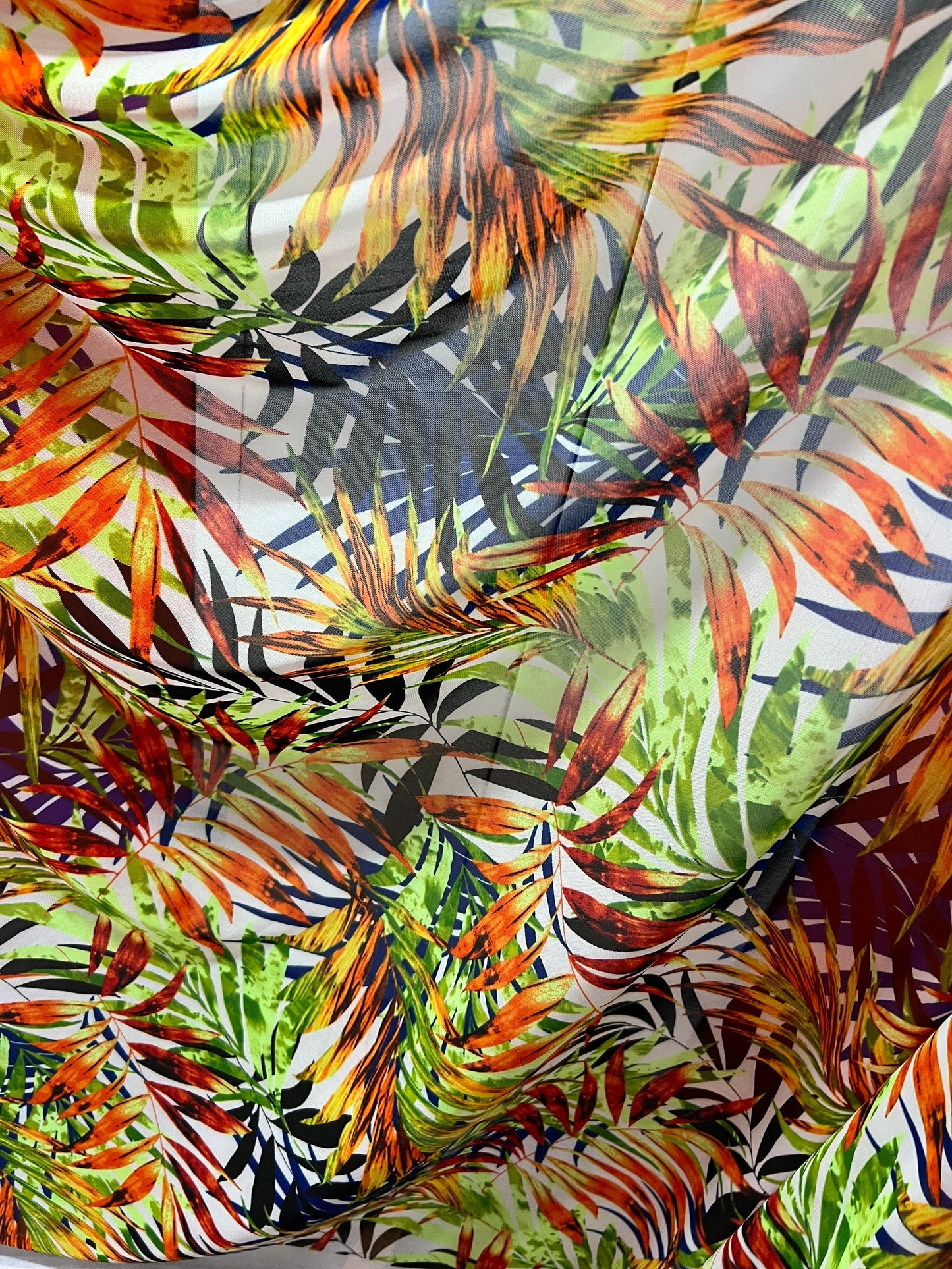 New Hawaiian leaves design with neon colors print on great quality of nylon power mesh 4-way stretch 58/60”