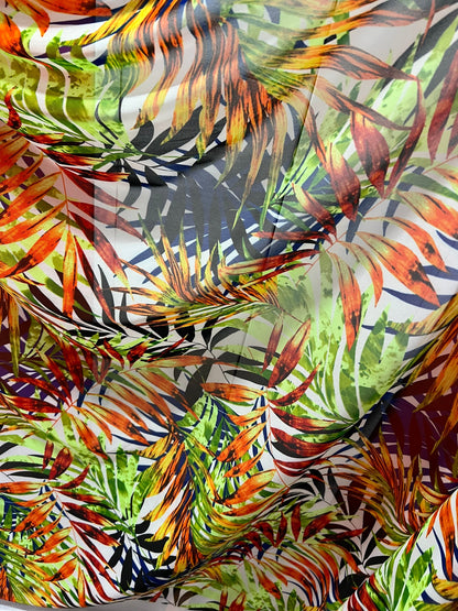 New Hawaiian leaves design with neon colors print on great quality of nylon power mesh 4-way stretch 58/60”