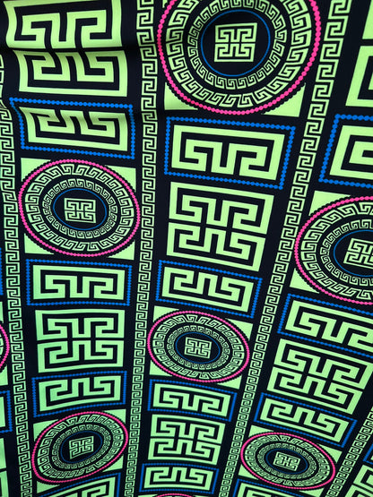 New modern brand fashion design Neon Pink & Neon green color print on poly spandex 2-way stretch 58/60” Sold by the YD. Ships worldwide