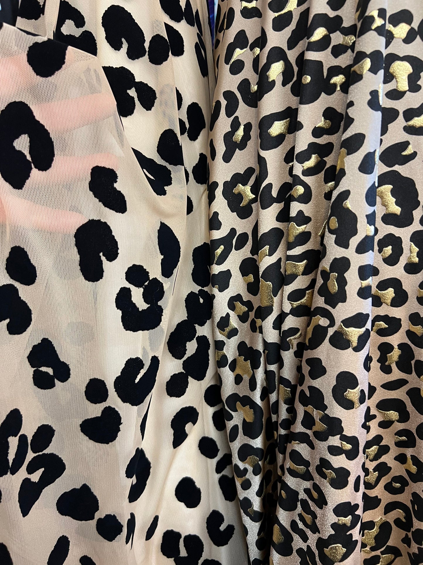 New exotic metallic leopard design nylon spandex 4-way stretch & Nude Black Leopard flocking design print on power mesh 4-way stretch 58/60”