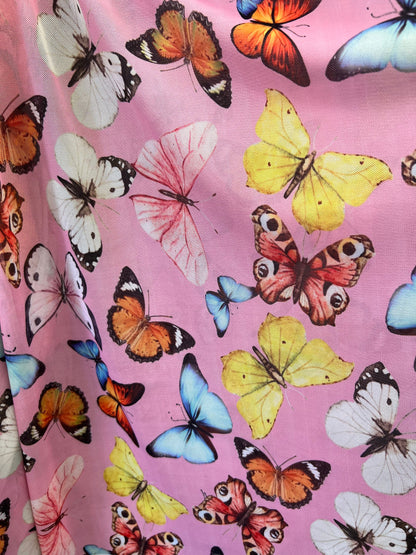 Butterfly design Pink Multicolor print on great quality of power mesh 4-way stretch 58/60” Sold by the YD. Ships Worldwide from Los Angeles