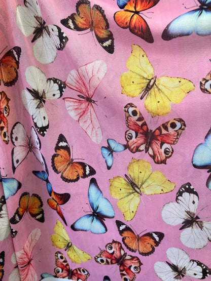 Butterfly design Pink Multicolor print on great quality of power mesh 4-way stretch 58/60” Sold by the YD. Ships Worldwide from Los Angeles