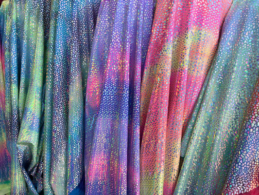 New Dragon hologram sequins on tie dye spandex Lacer sequins 4-way stretch 58/60” Sold by the YD. Ships Worldwide from Los Angeles CA