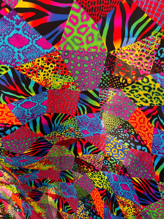 Exotic Safari design multi animal print on best quality of nylon spandex 4-way stretch 58/60” Sold by the YD. Ships Worldwide from LA CA.