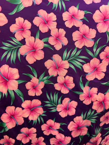 New floral design eggplant/pink print on great quality of nylon spandex 4-way stretch 58/60” Sold by the YD. Ships Worldwide from L.A
