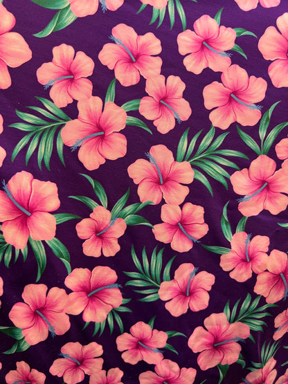 New floral design eggplant/pink print on great quality of nylon spandex 4-way stretch 58/60” Sold by the YD. Ships Worldwide from L.A