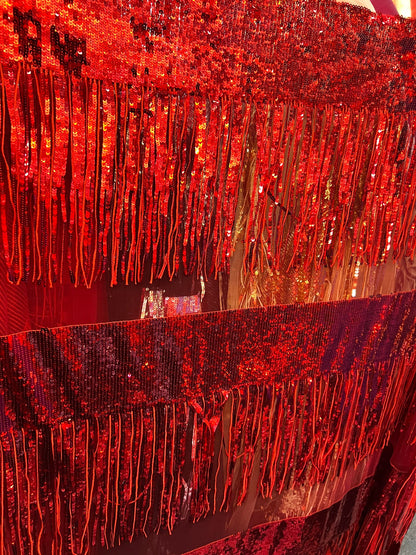 New Luxury Fringe shiny sequins design embroidered on stretch mesh 2-way stretch 58/60” Sold by the YD. Ships Worldwide from Los Ángeles