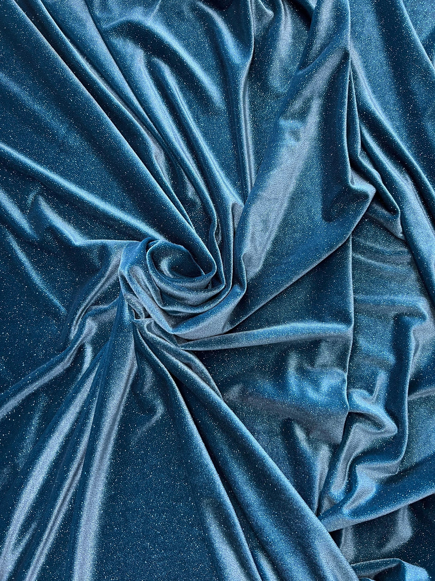 Luxury glitter velvet Teal/Teal best quality of stretch velvet 4-way stretch 58/60” Sold by the YD. Ships Worldwide from Los Angeles CA.