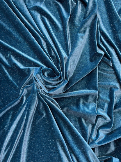 Luxury glitter velvet Teal/Teal best quality of stretch velvet 4-way stretch 58/60” Sold by the YD. Ships Worldwide from Los Angeles CA.