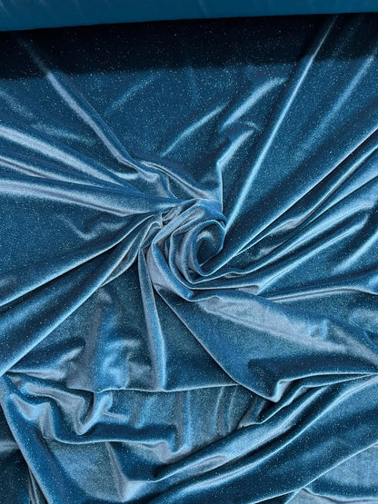 Luxury glitter velvet Teal/Teal best quality of stretch velvet 4-way stretch 58/60” Sold by the YD. Ships Worldwide from Los Angeles CA.