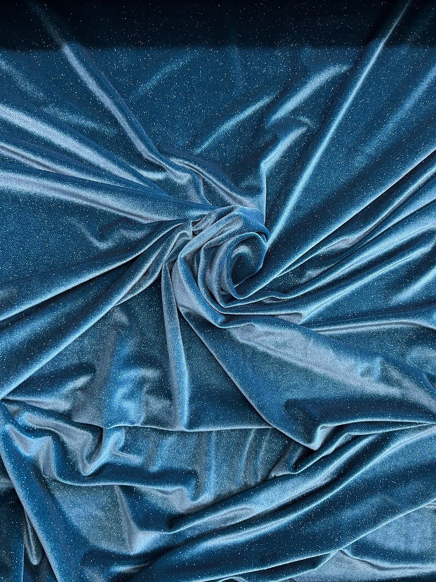 Luxury glitter velvet Teal/Teal best quality of stretch velvet 4-way stretch 58/60” Sold by the YD. Ships Worldwide from Los Angeles CA.