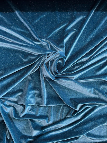 Luxury glitter velvet Teal/Teal best quality of stretch velvet 4-way stretch 58/60” Sold by the YD. Ships Worldwide from Los Angeles CA.