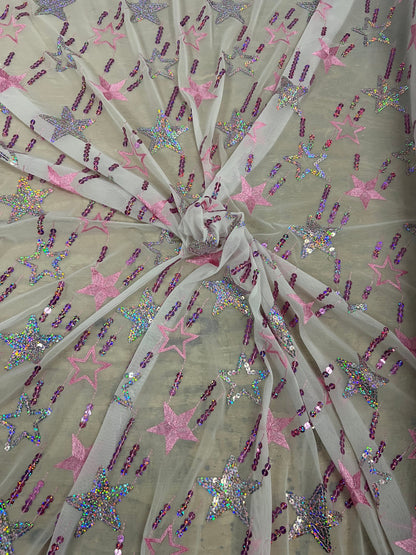 New Freedom stars design hologram sequins embroidered on power mesh 4-way stretch 58/60” Sold by the YD. Ships Worldwide from Los Ángeles Ca