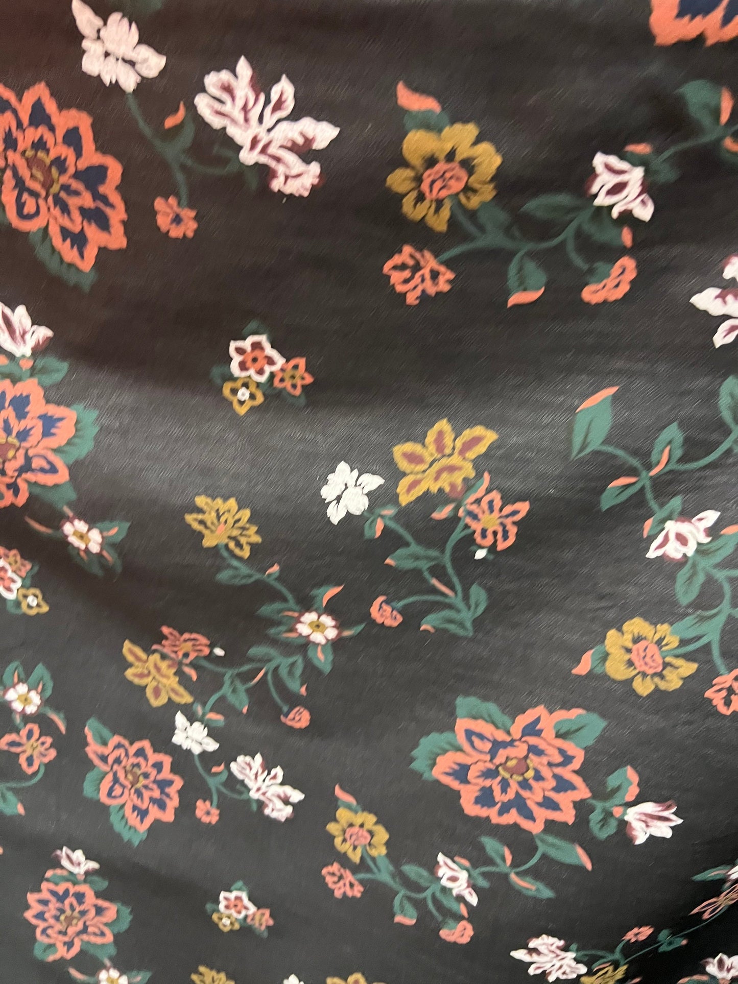 New floral design print on stretch Black denim 2-way stretch 58/60 Sold by the YD. Ships Worldwide from Los Angeles California USA
