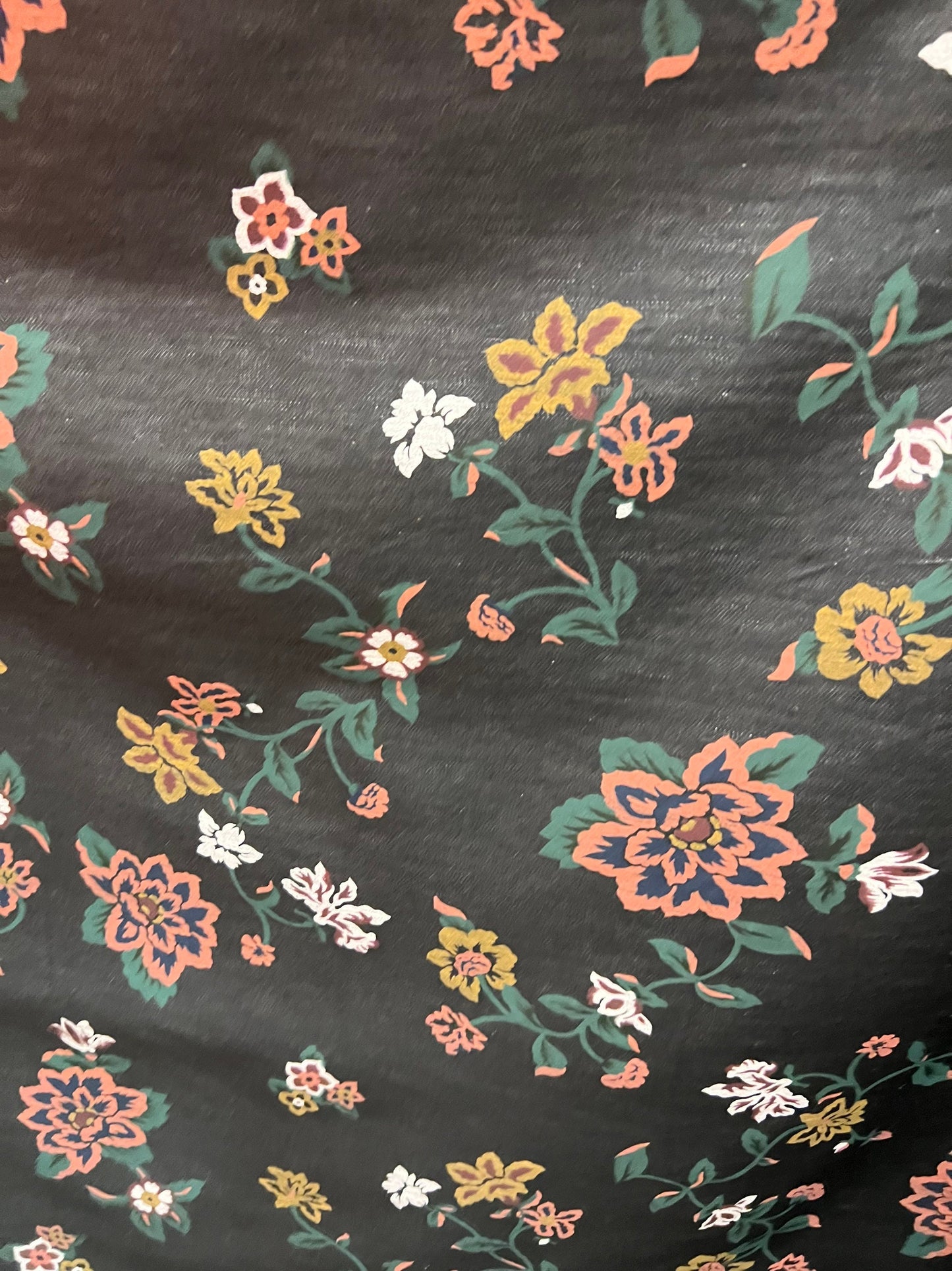 New floral design print on stretch Black denim 2-way stretch 58/60 Sold by the YD. Ships Worldwide from Los Angeles California USA
