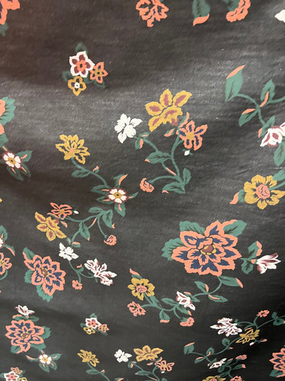 New floral design print on stretch Black denim 2-way stretch 58/60 Sold by the YD. Ships Worldwide from Los Angeles California USA