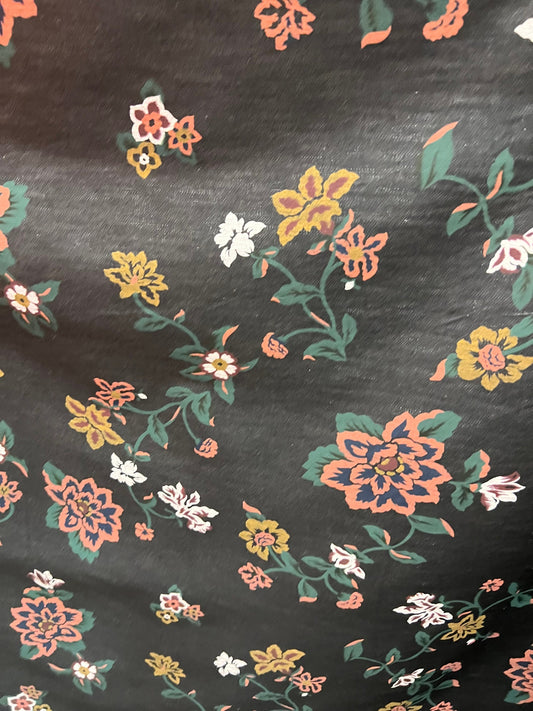 New floral design print on stretch Black denim 2-way stretch 58/60 Sold by the YD. Ships Worldwide from Los Angeles California USA