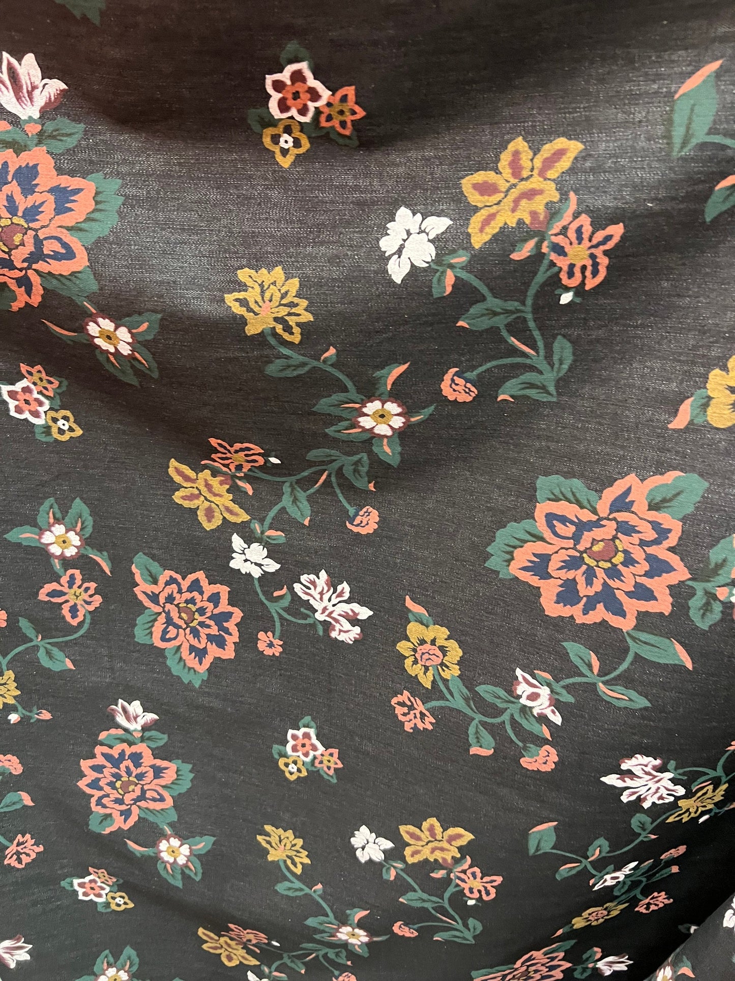 New floral design print on stretch Black denim 2-way stretch 58/60 Sold by the YD. Ships Worldwide from Los Angeles California USA