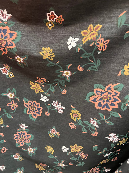 New floral design print on stretch Black denim 2-way stretch 58/60 Sold by the YD. Ships Worldwide from Los Angeles California USA