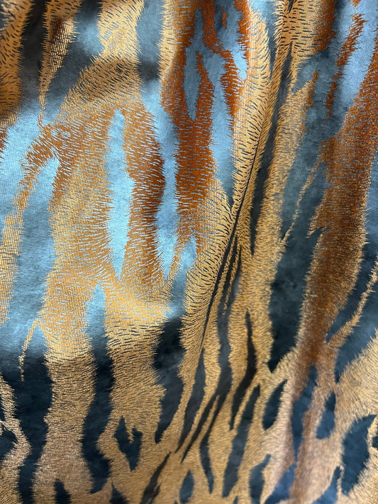 Exotic Tiger design print on stretch velvet with foil 4-way stretch 58/60” Sold by the YD.