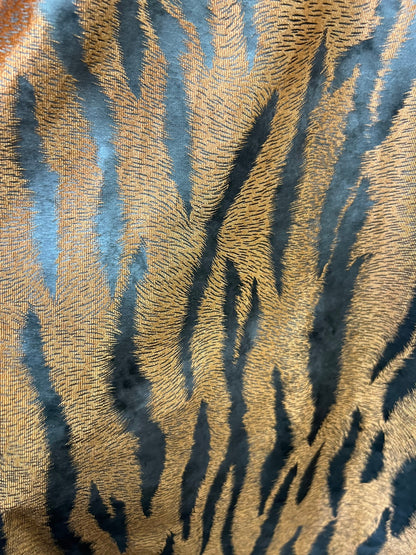 Exotic Tiger design print on stretch velvet with foil 4-way stretch 58/60” Sold by the YD.