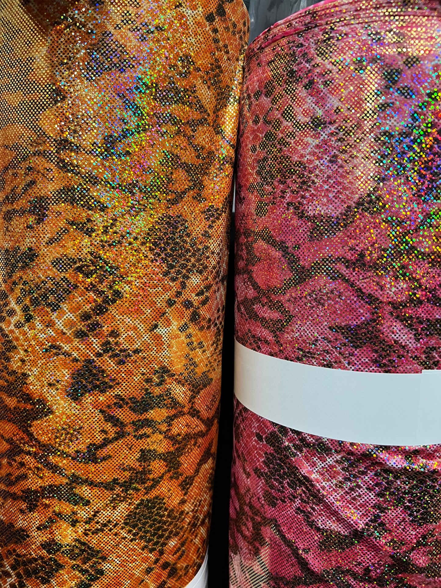 Exotic cobra design hologram metallic nylon spandex 4-way stretch 58/60” Sold by the YD. Ships Worldwide from Los Angeles California USA