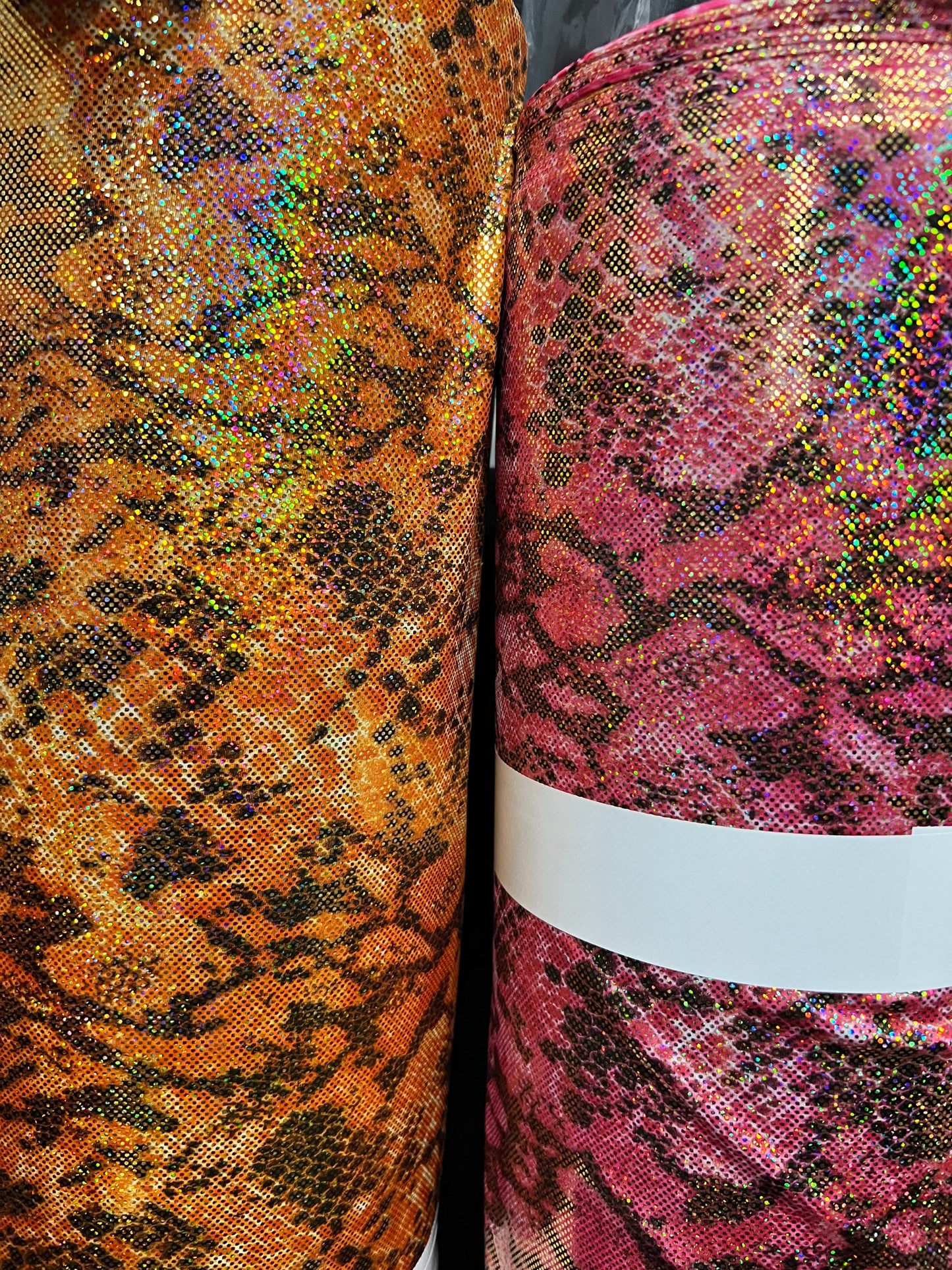 Exotic cobra design hologram metallic nylon spandex 4-way stretch 58/60” Sold by the YD. Ships Worldwide from Los Angeles California USA