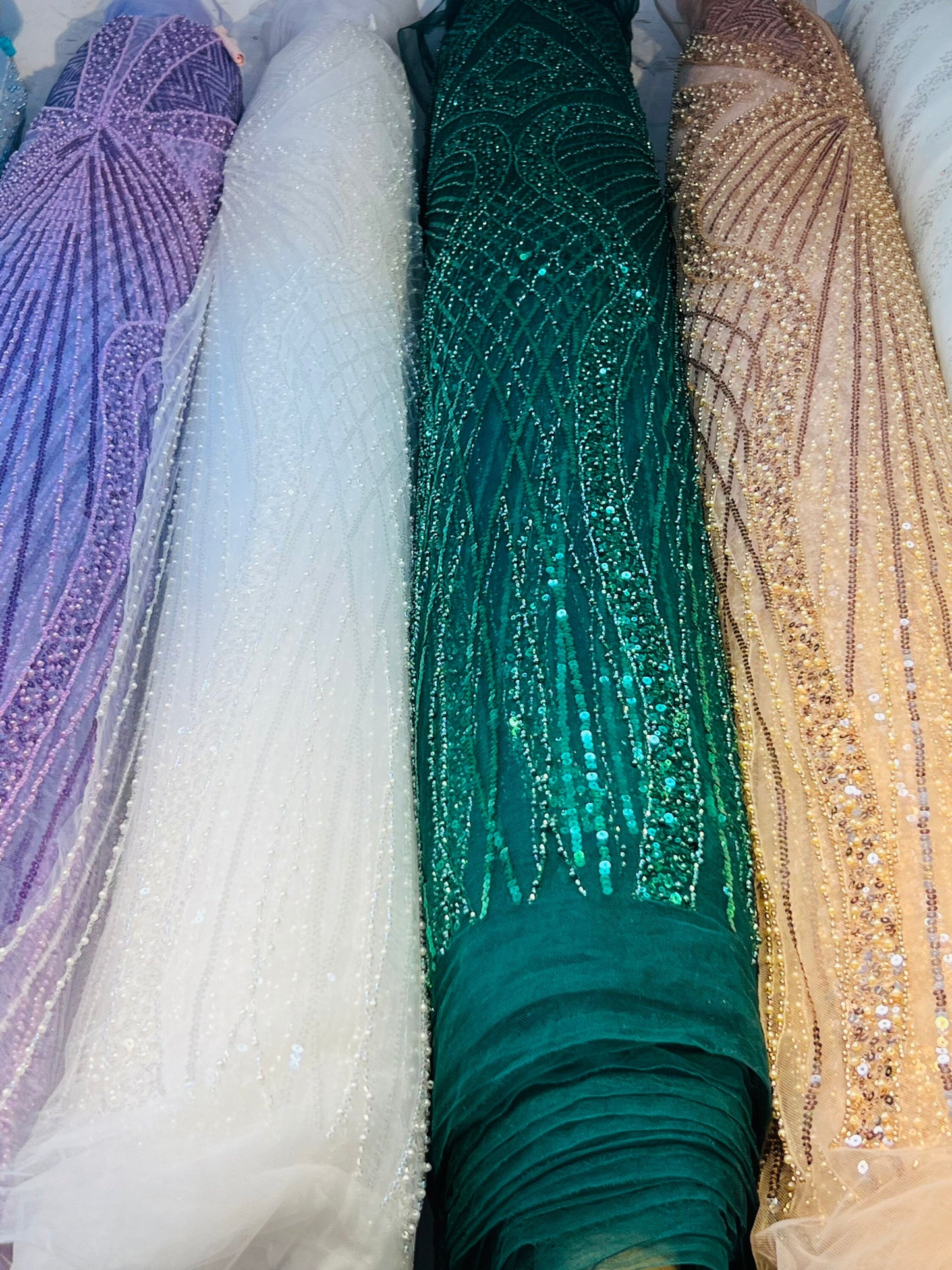 New Jennifer design beaded lace luxury design embroidered on stretch mesh 2-way 55/57” Sold by the YD. Ships Worldwide from Los Angeles Cali