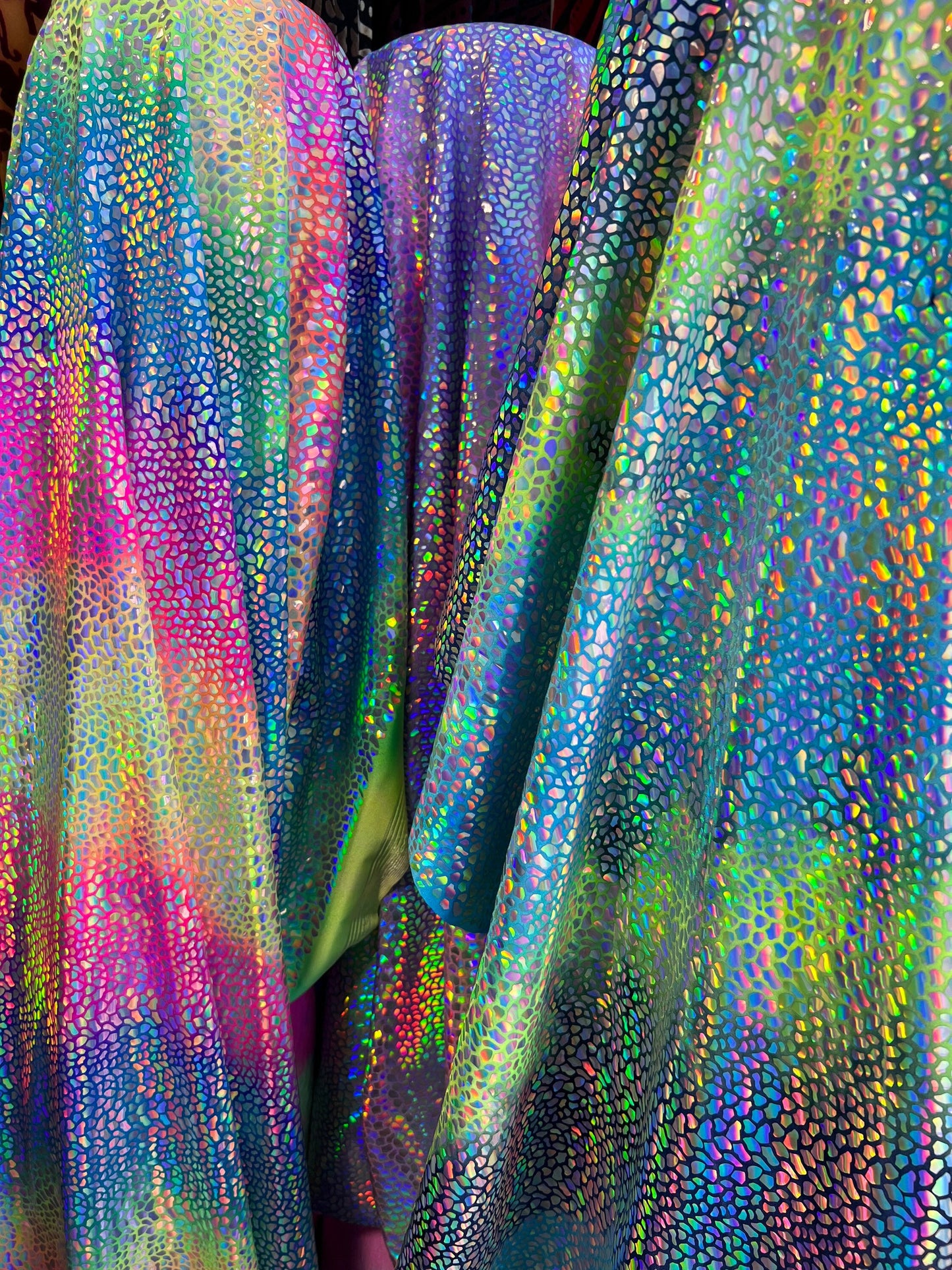 New Dragon hologram sequins on tie dye spandex Lacer sequins 4-way stretch 58/60” Sold by the YD. Ships Worldwide from Los Angeles CA