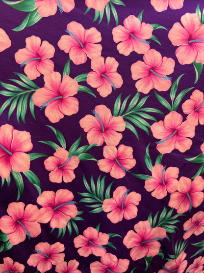 New floral design eggplant/pink print on great quality of nylon spandex 4-way stretch 58/60” Sold by the YD. Ships Worldwide from L.A