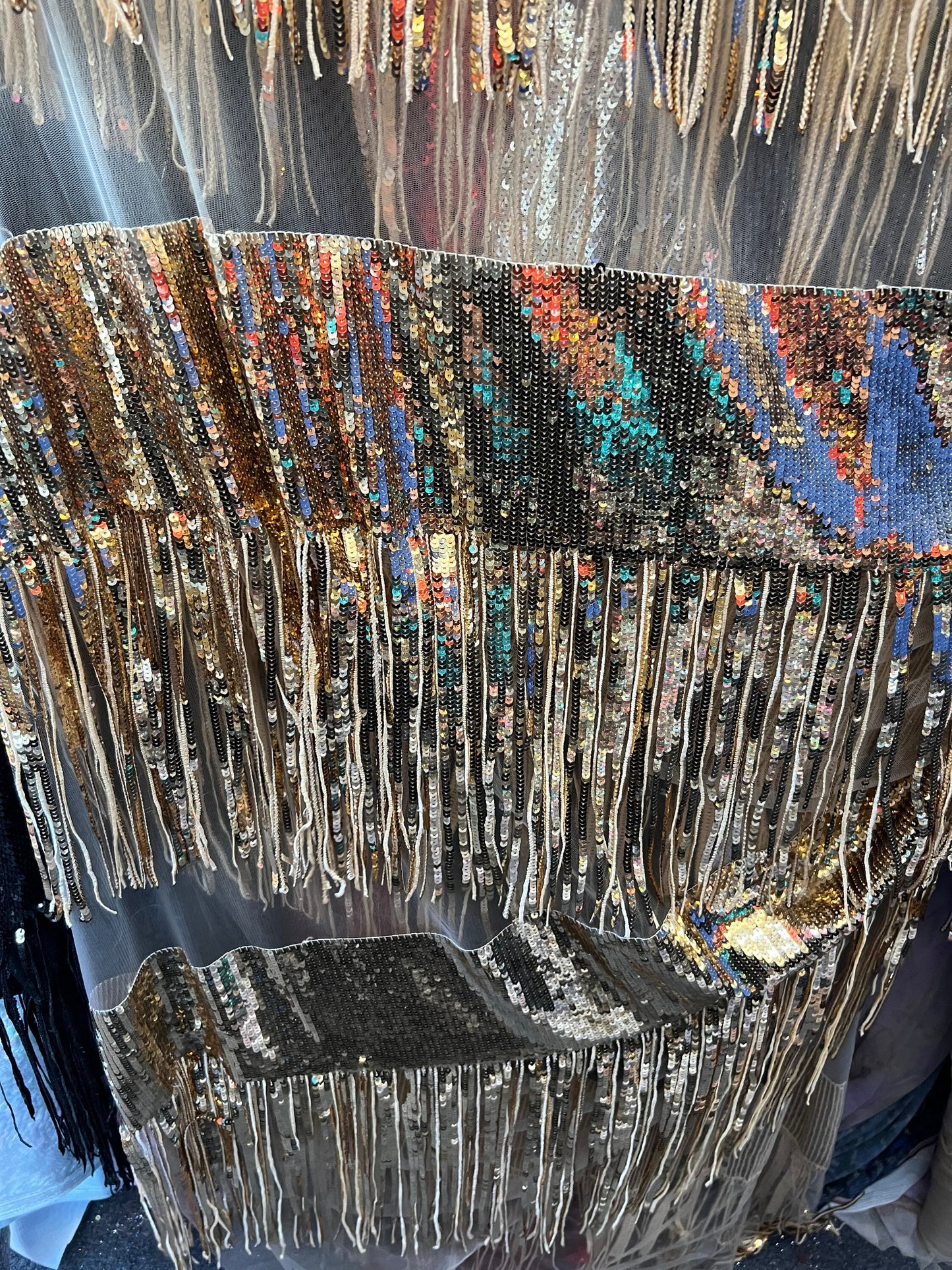 New Luxury Fringe shiny sequins design embroidered on stretch mesh 2-way stretch 58/60” Sold by the YD. Ships Worldwide from Los Ángeles