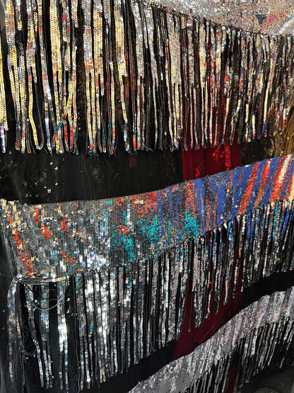 New Luxury Fringe shiny sequins design embroidered on stretch mesh 2-way stretch 58/60” Sold by the YD. Ships Worldwide from Los Ángeles